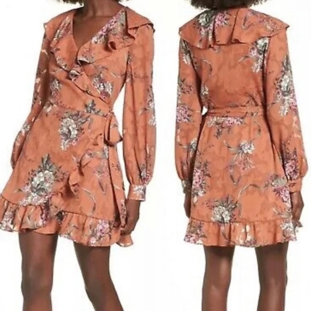 Leith Long Sleeve Capey Wrap Dress Rose Brown Floral Size L